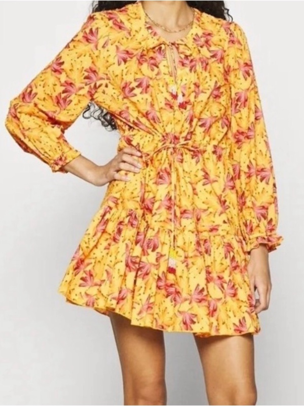 Anthropologie Farm Rio Banana Sunshine Mini Dress Yellow Pink Floral Size Medium
